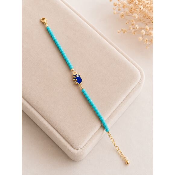 Handmade Jewelry - Turquoise Hamsa Hand Beaded Bracelet Gold Tone Adjustable